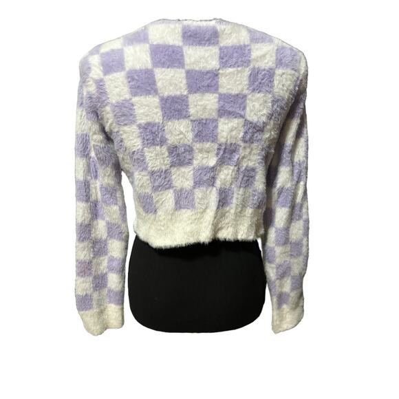 Timing Checkered Fuzzy Crop Cardigan Size M Lavender Long Sleeve Nylon Sweater - Picture 3 of 6